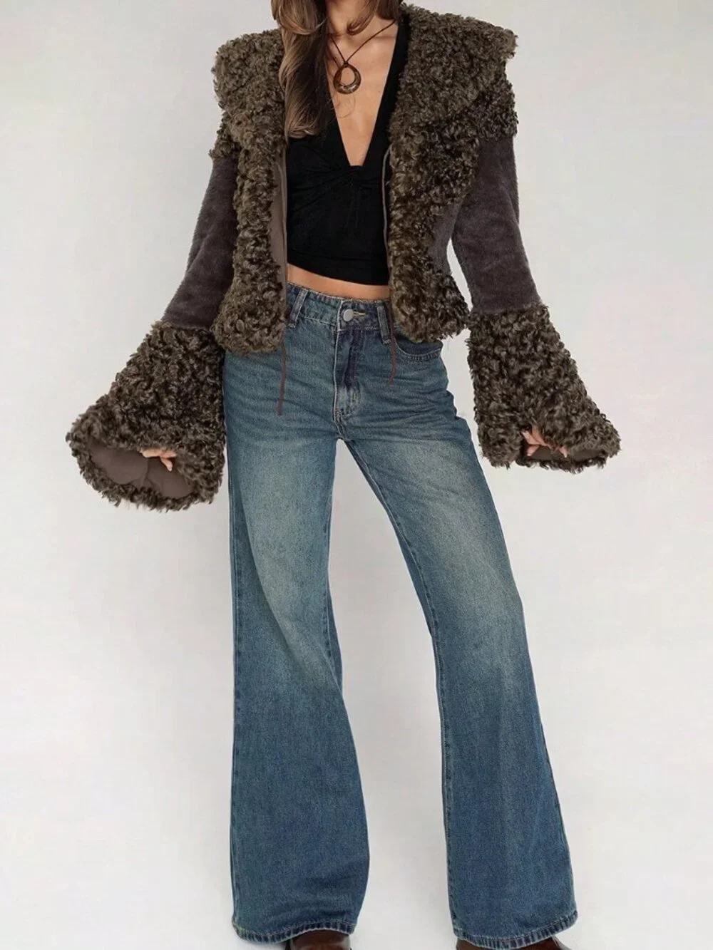 Brown Casual Women's Curly Faux Fur Collar Patchwork Open Front Short Jacket - Picture 6 of 6
